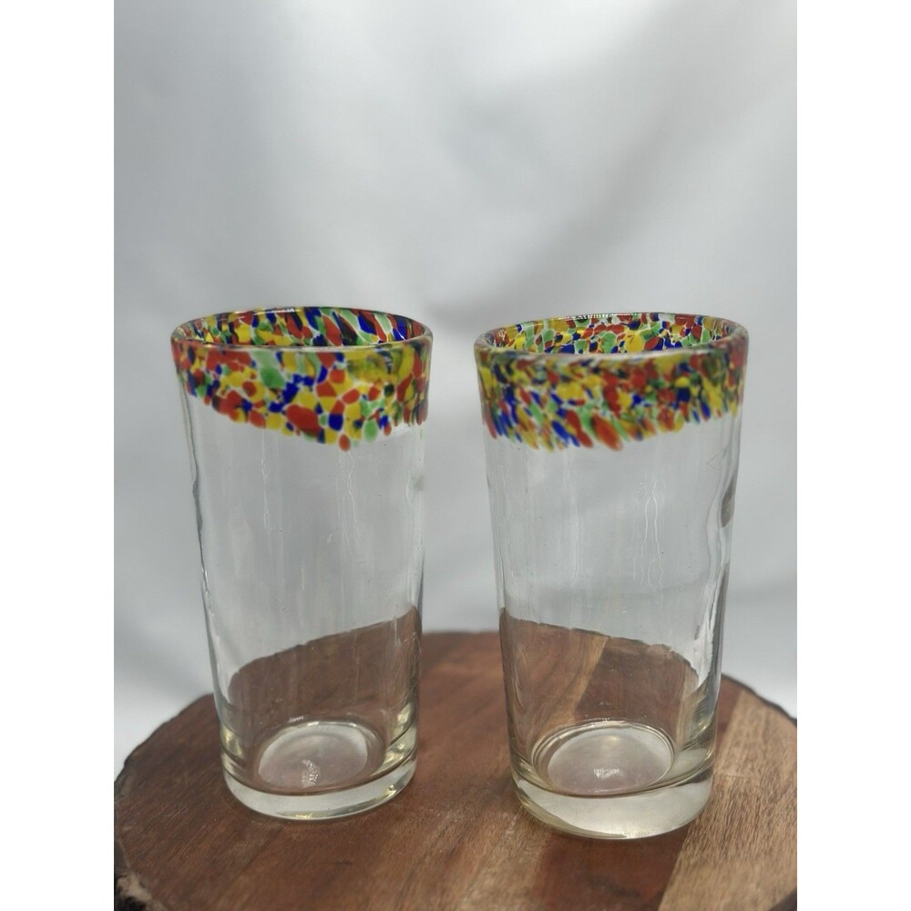 Art Glass Confetti Rimmed Tumbler Drinking Glasses Set Of 2 Mexico